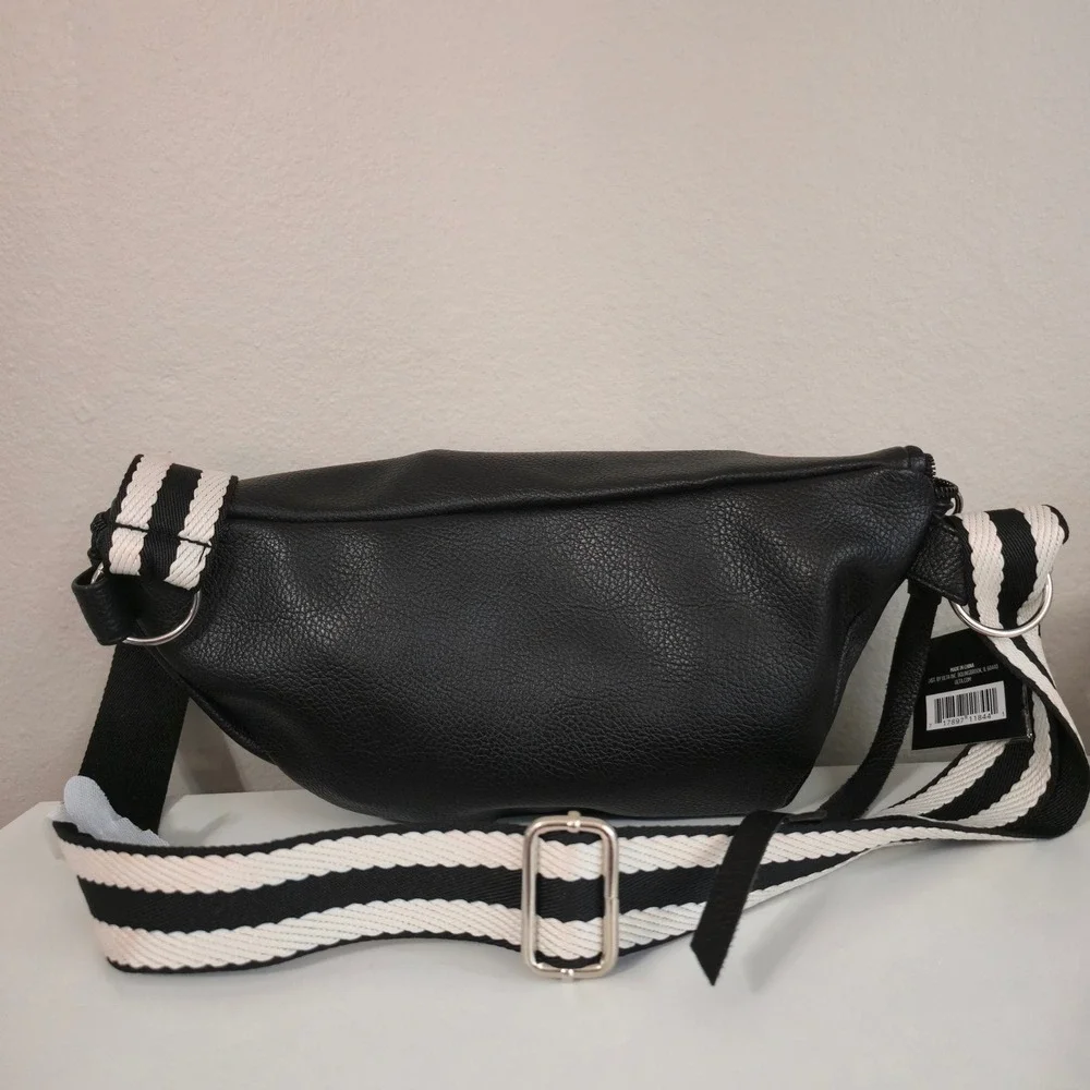 Ulta Beauty Black Pebbled Faux Leather Belt Bag Striped Guitar Strap NWT